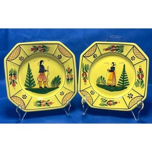 Henriot Quimper Mistral Yell Breton Octagonal Salad Plates Pair 7.75" France